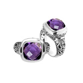 Handcrafted Bali silver ring with cushion-cut Amethyst Quartz and floral carvings.